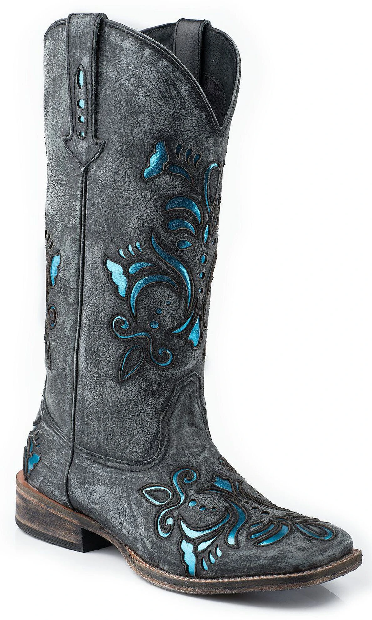 Roper Women's Shiny Turquoise Inlay Western Boots - Broad Square Toe 3 Roper Women's Shiny Turquoise Inlay Western Boots - Broad Square Toe