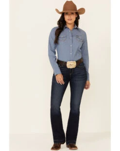 Wrangler Women's Solid Chambray Denim Long Sleeve Snap Western Core Shirt -Ariat Store 2000223225 400 P2