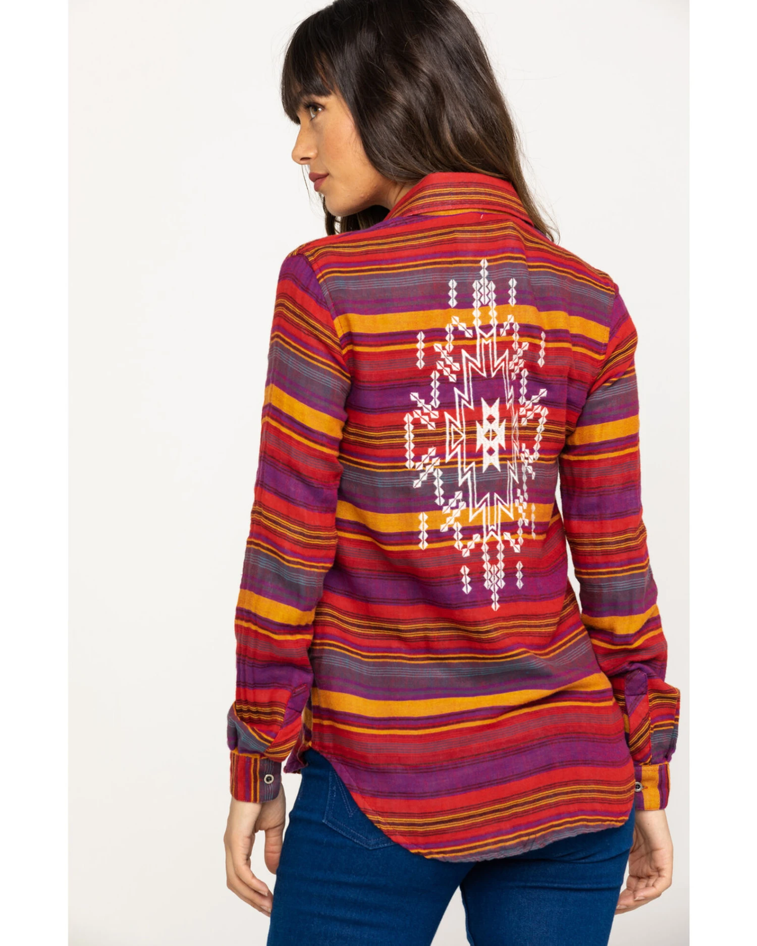 Rock & Roll Denim Women's Rust Serape Stripe Southwestern Embroidered Long Sleeve Western Shirt 6 Rock & Roll Denim Women's Rust Serape Stripe Southwestern Embroidered Long Sleeve Western Shirt - Image 4