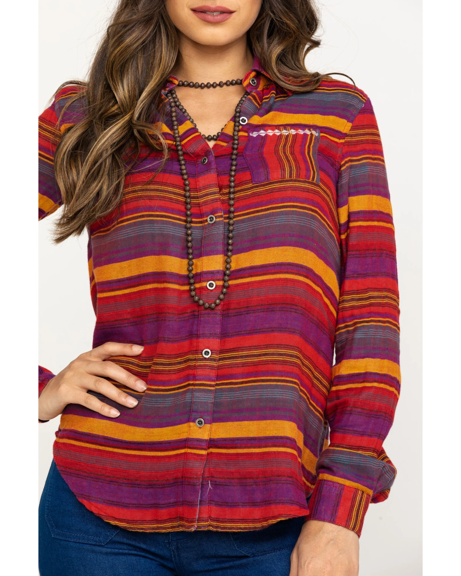 Rock & Roll Denim Women's Rust Serape Stripe Southwestern Embroidered Long Sleeve Western Shirt 3 Rock & Roll Denim Women's Rust Serape Stripe Southwestern Embroidered Long Sleeve Western Shirt