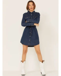 Wrangler Women's Dark Denim Washed Long Sleeve Western Shirt Dress 9 Wrangler Women's Dark Denim Washed Long Sleeve Western Shirt Dress -Ariat Store 2000334318 402 P1