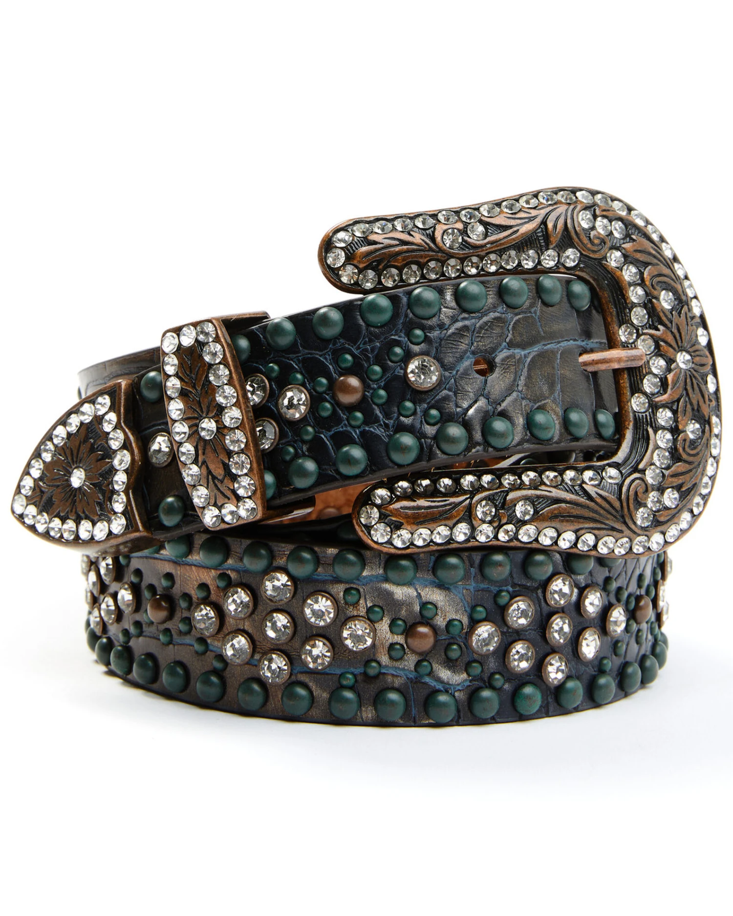 Shyanne Women's Copper Distressed Croc Turquoise & Rhinestone Bling Belt 4 Shyanne Women's Copper Distressed Croc Turquoise & Rhinestone Bling Belt - Image 2