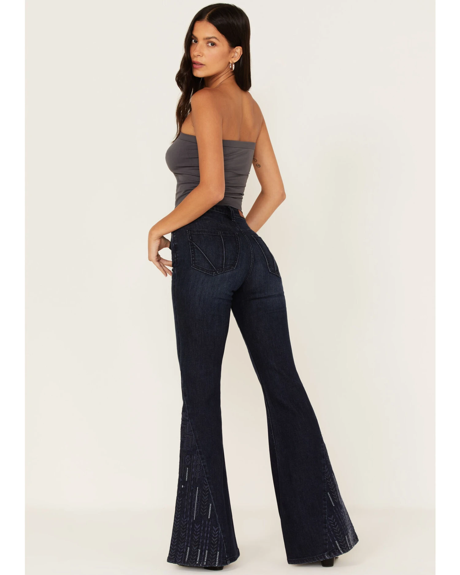 Shyanne Women's Embroidered Dark Wash High Rise Stretch Flare Jeans 3 Shyanne Women's Embroidered Dark Wash High Rise Stretch Flare Jeans