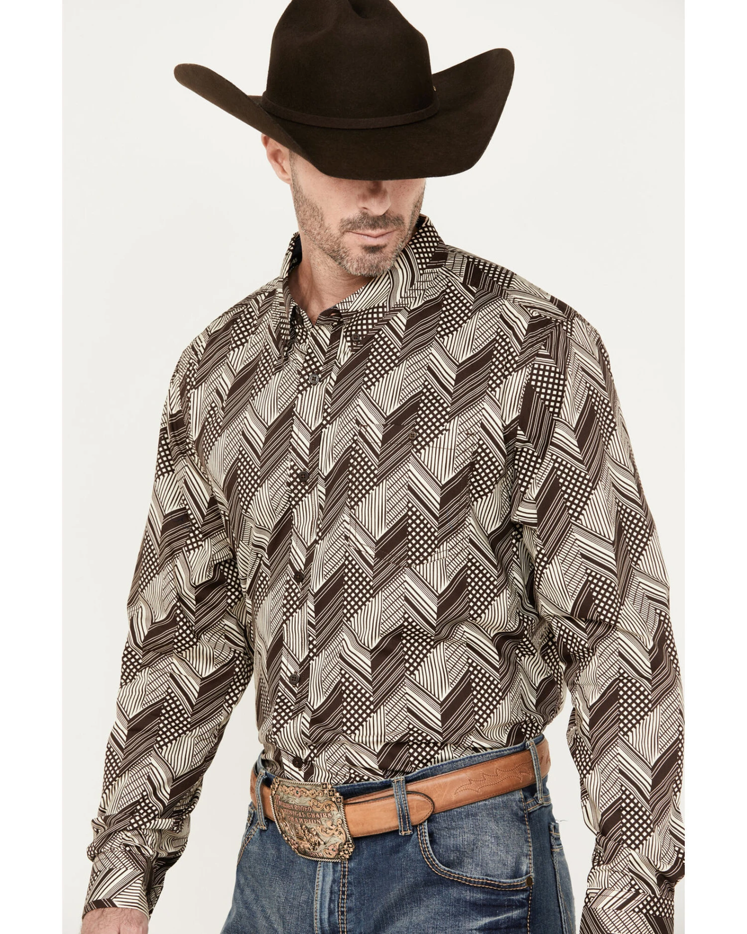 RANK 45 Men's Altonwon Striped Geo Print Long Sleeve Button-Down Western Shirt 3 RANK 45 Men's Altonwon Striped Geo Print Long Sleeve Button-Down Western Shirt