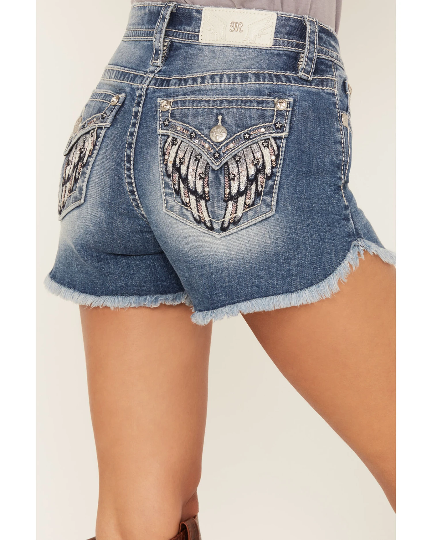 Miss Me Women's Light Wash Mid Rise Americana Star Wing Frayed Hem Shorts 4 Miss Me Women's Light Wash Mid Rise Americana Star Wing Frayed Hem Shorts - Image 2