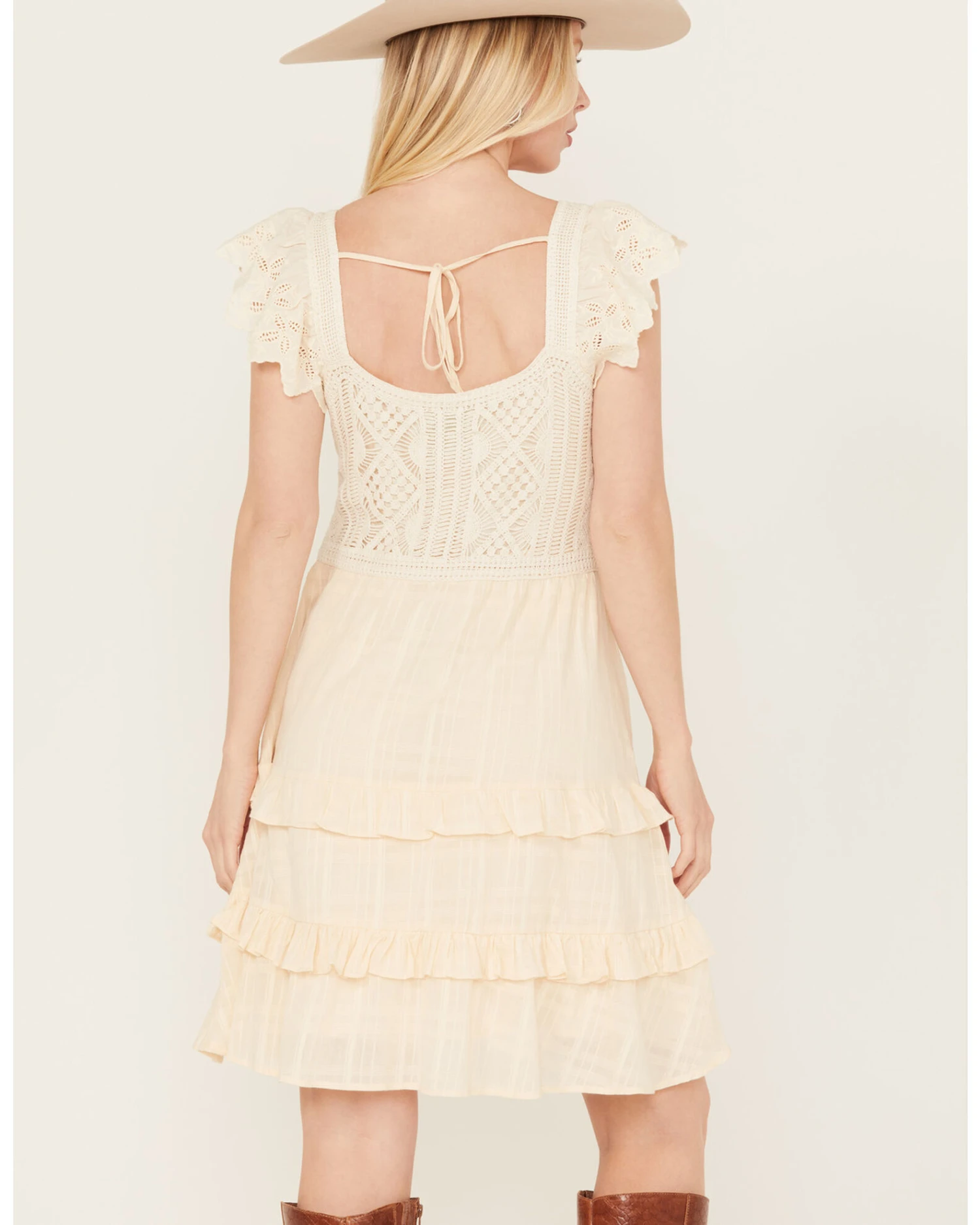 Miss Me Women's Floral Crochet Flutter Sleeveless Tier Mini Dress 3 Miss Me Women's Floral Crochet Flutter Sleeveless Tier Mini Dress