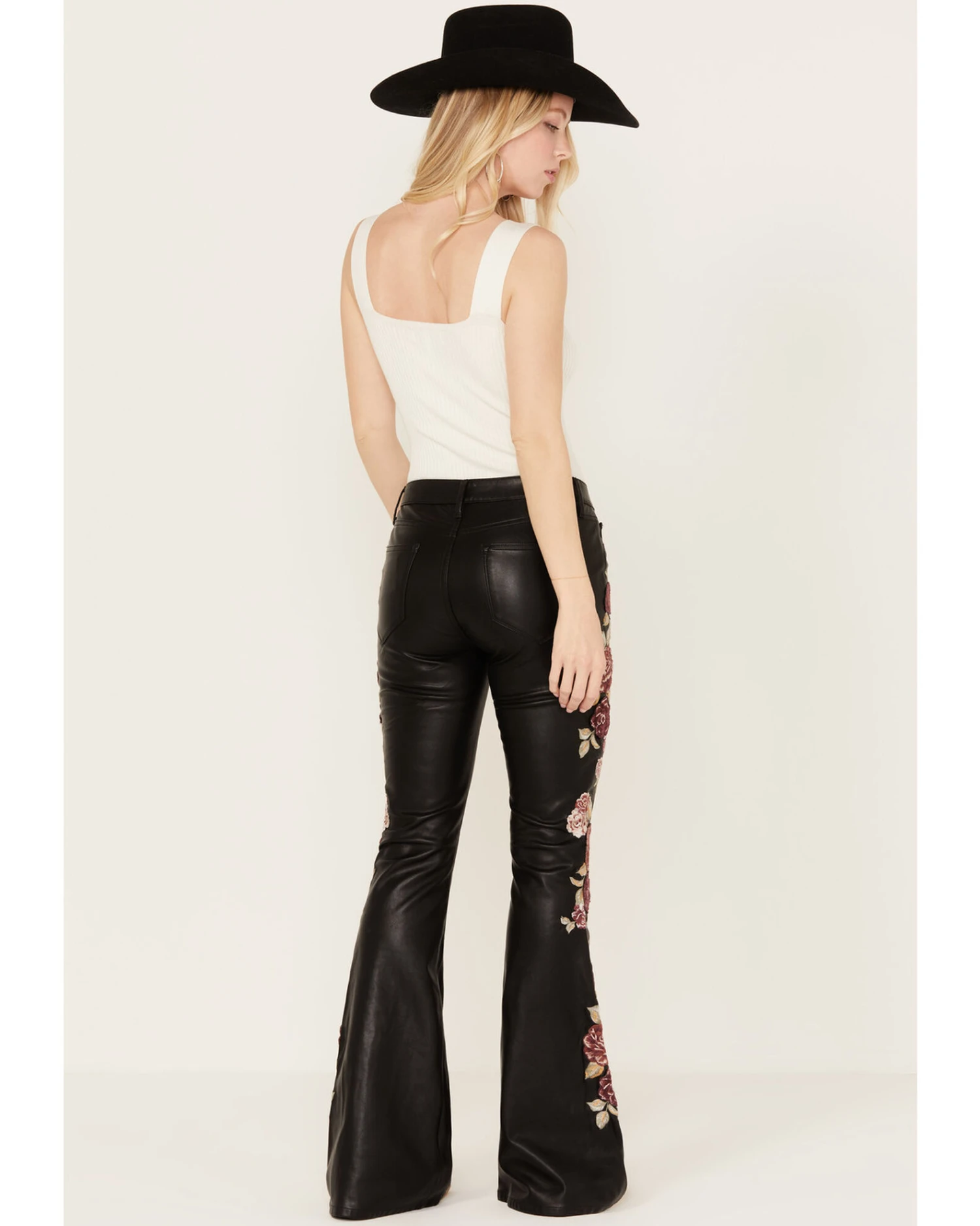 Driftwood Women's High Rise Vegan Leather Fallen Roses Flare Pants 3 Driftwood Women's High Rise Vegan Leather Fallen Roses Flare Pants